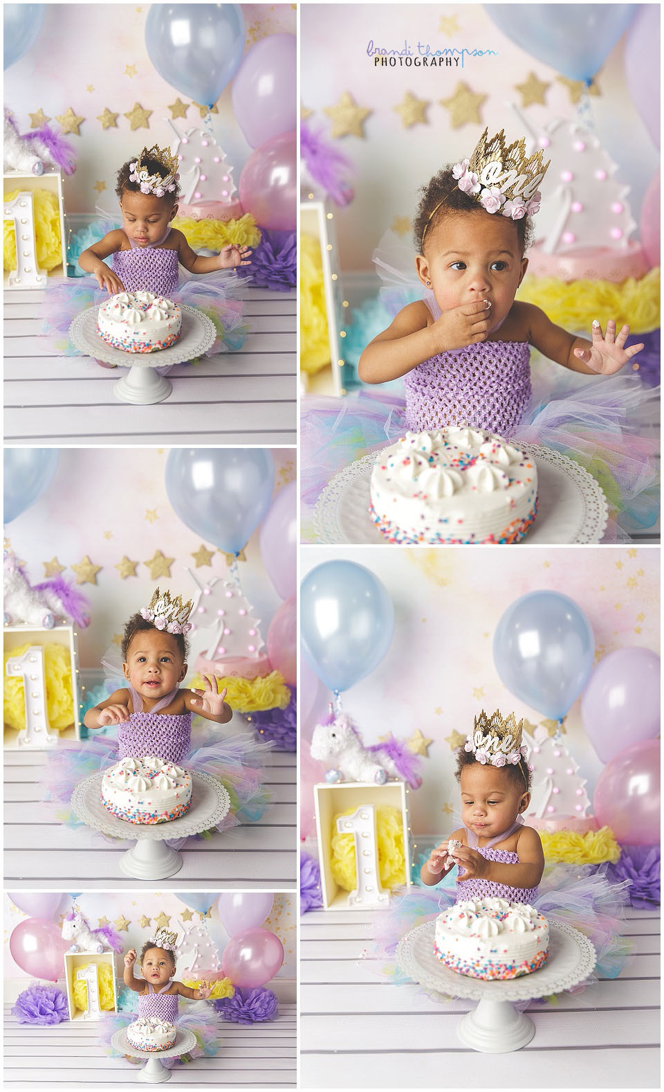 pastel unicorn cake smash with baby girl in plano photography studio
